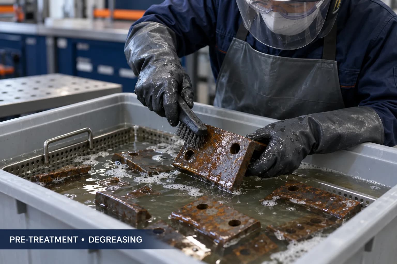 Pembersihan awal dan degreasing komponen sebelum penghilangan karat, mengangkat grease dan kotoran lepas dari permukaan.