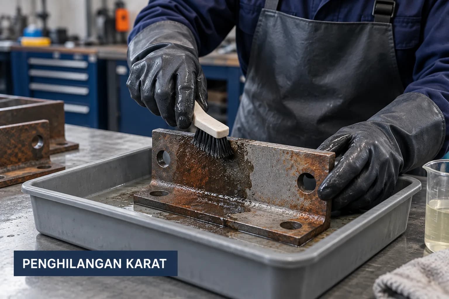 Penghilangan karat dari komponen besi menggunakan Hexachem Rust Remover.