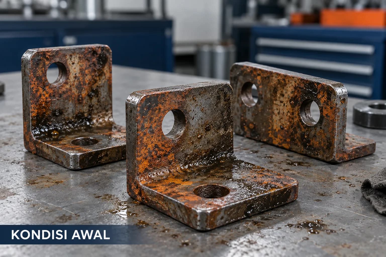 A steel component before cleaning, its surface covered in rust.