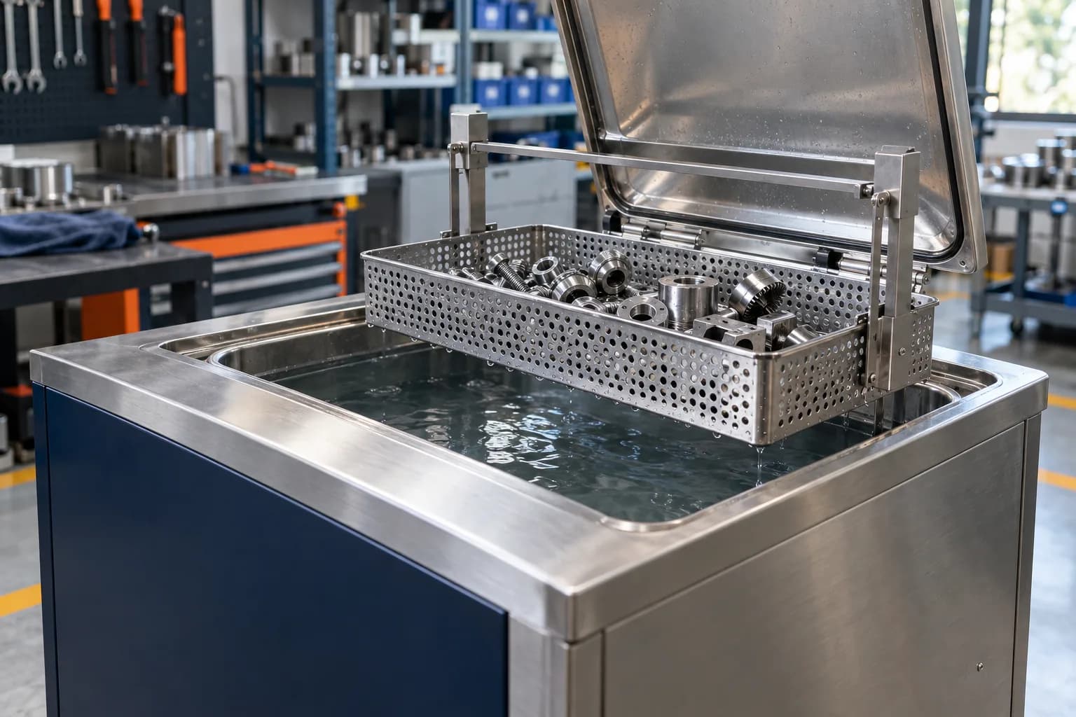 Steel bearings resting on top of an ultrasonic cleaner.