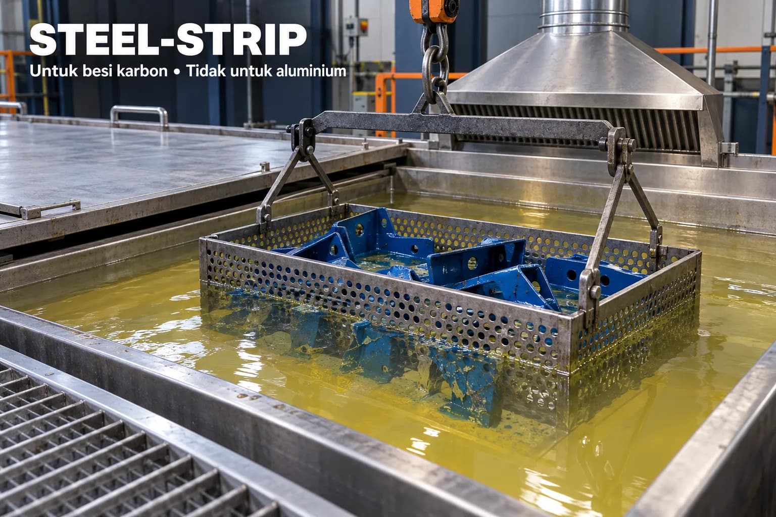 Carbon steel parts immersed in a bath of solvent-based paint remover during dipping.