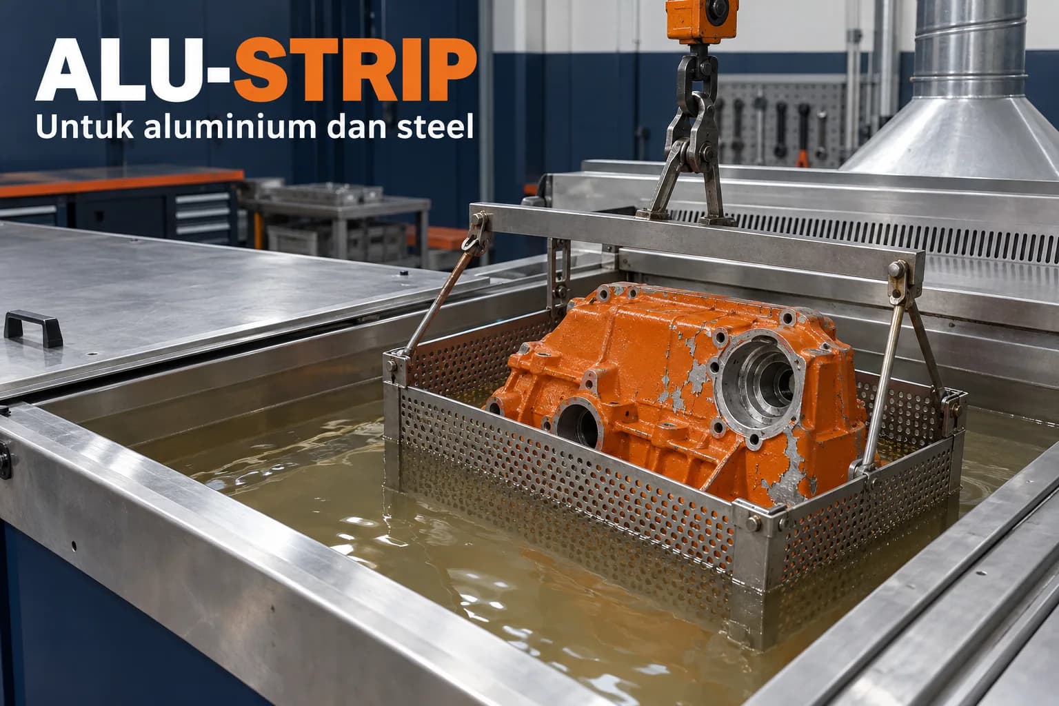 Aluminium parts immersed in a bath of solvent-based paint remover during dipping.