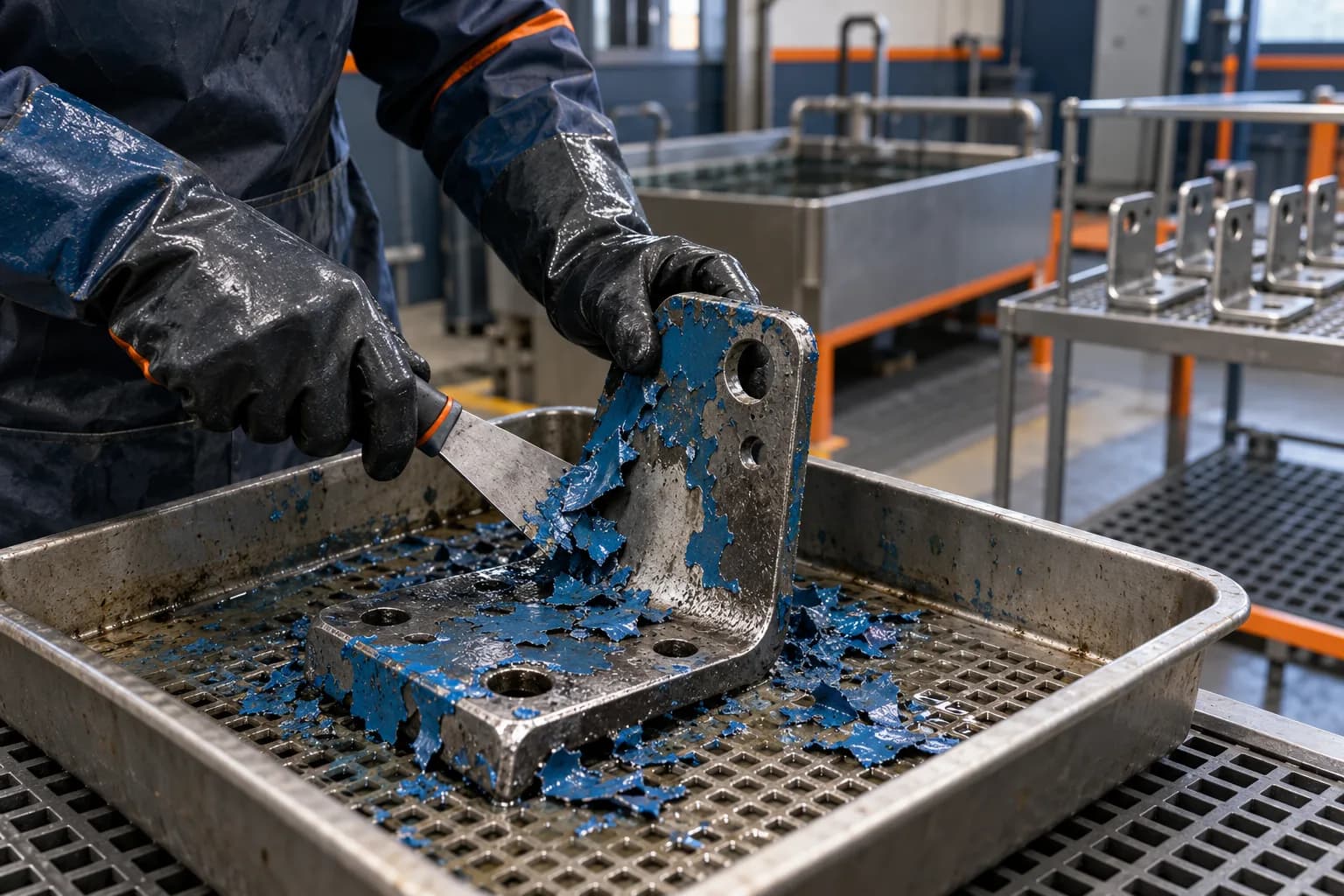 Paint remover working on a coated steel part, the coating softened and partly removed to reveal bare metal.