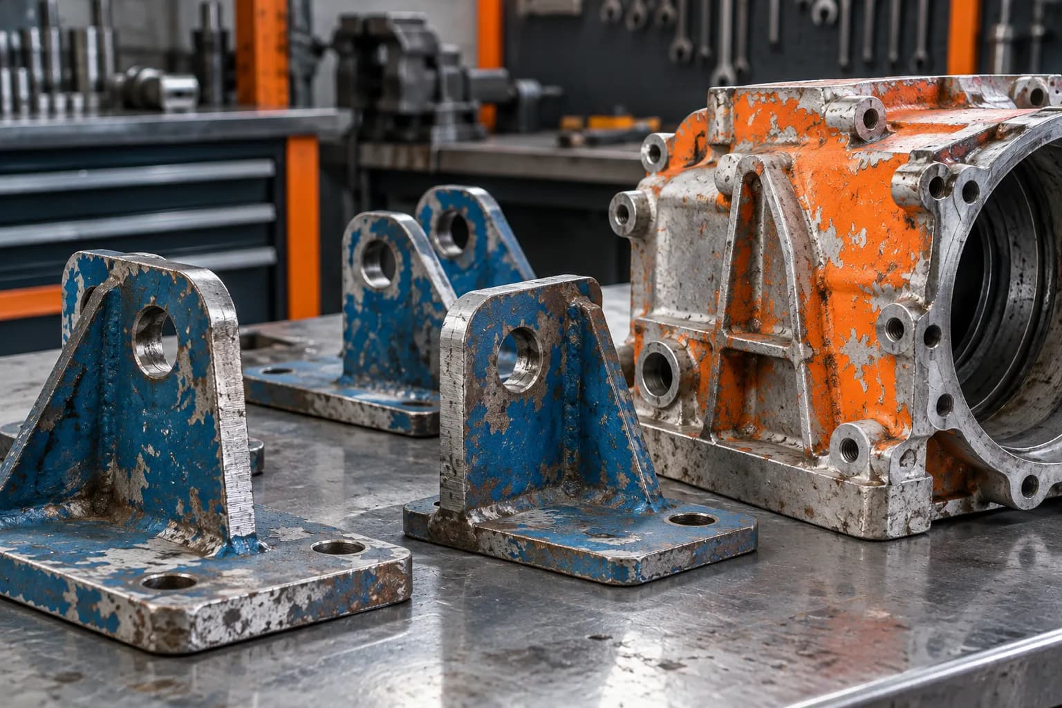 A steel component part-way through paint stripping, with the old coating removed from part of the surface and bare metal showing.