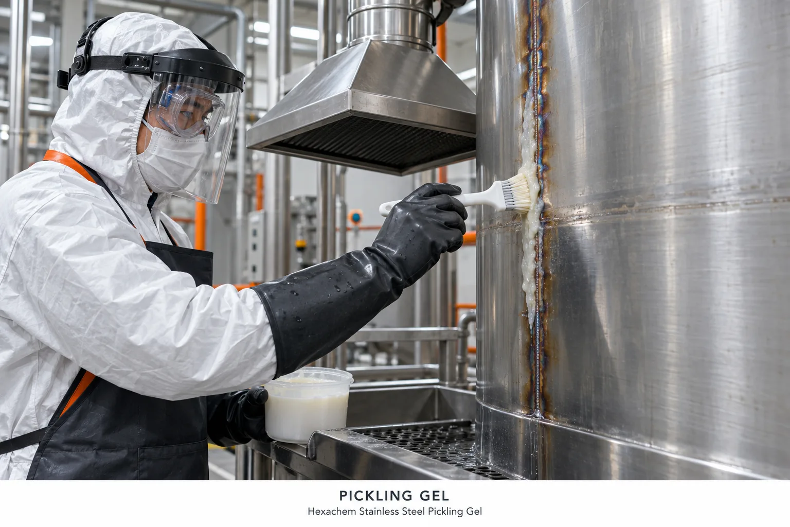 Hexachem Stainless Steel Pickling Gel diaplikasikan pada permukaan baja tahan karat yang akan dioleh.
