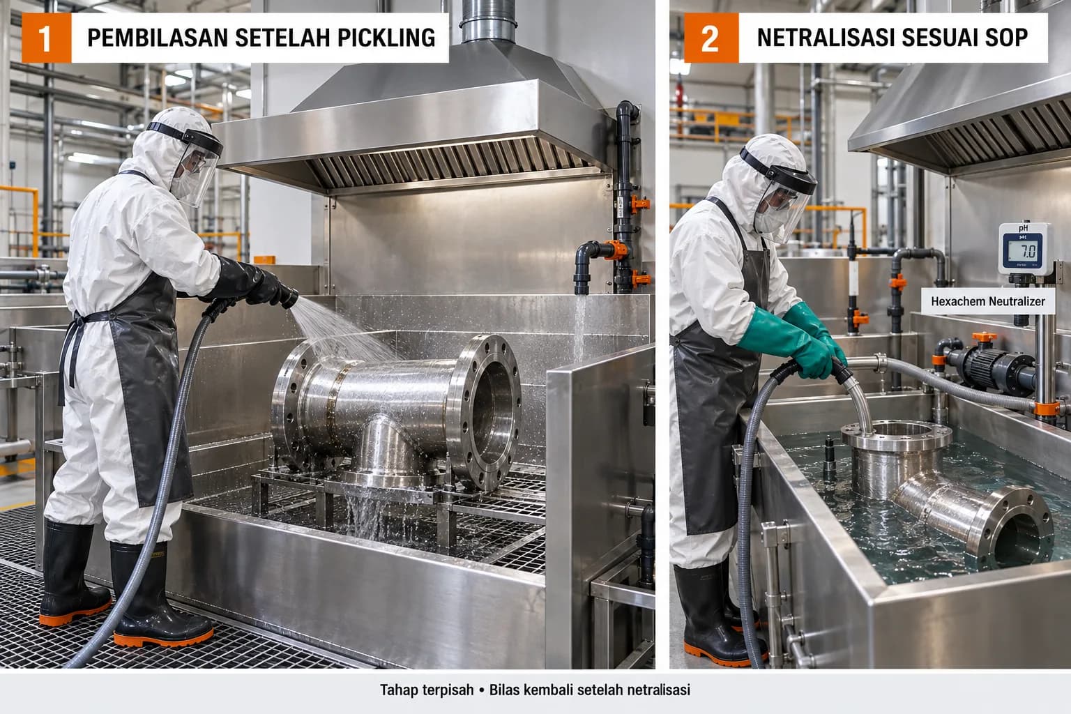 Pembilasan komponen baja tahan karat setelah pickling, menghilangkan sisa asam dan produk reaksi.