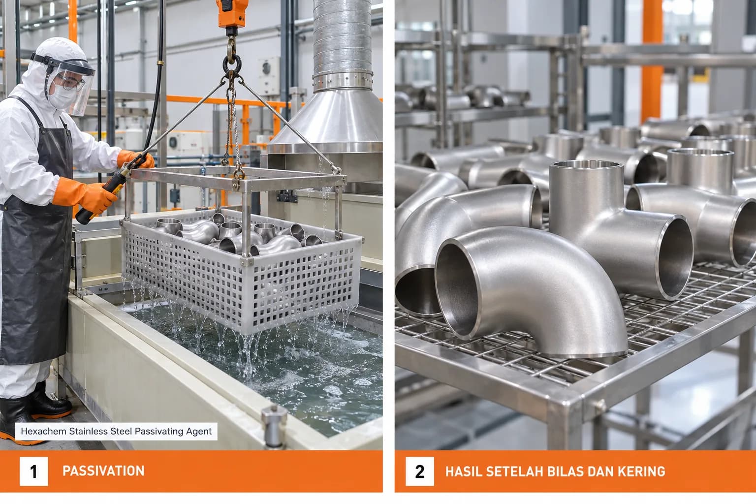 Hexachem Stainless Steel Passivating Agent digunakan untuk passivasi permukaan baja tahan karat setelah pickling.