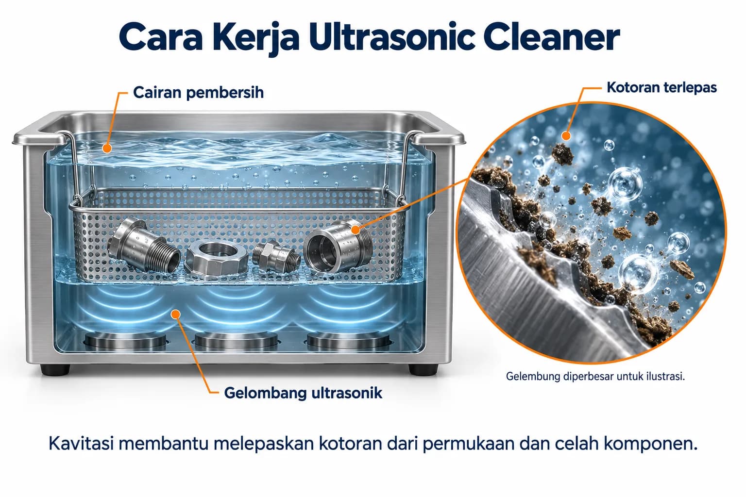 Ultrasonic cleaner dengan komponen terendam di dalam cairan pembersih pada baknya.
