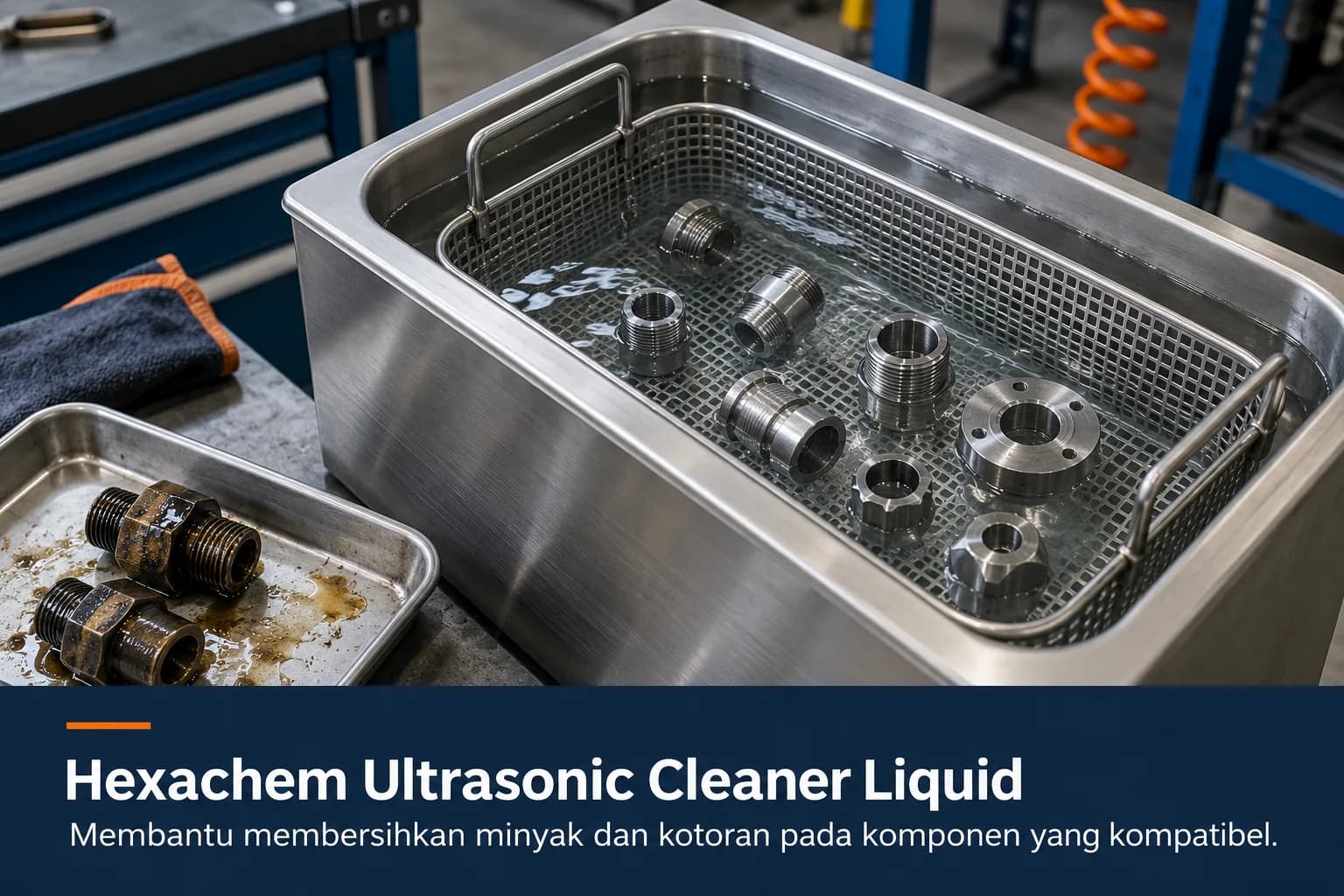 Cairan pembersih di dalam bak ultrasonic cleaner.