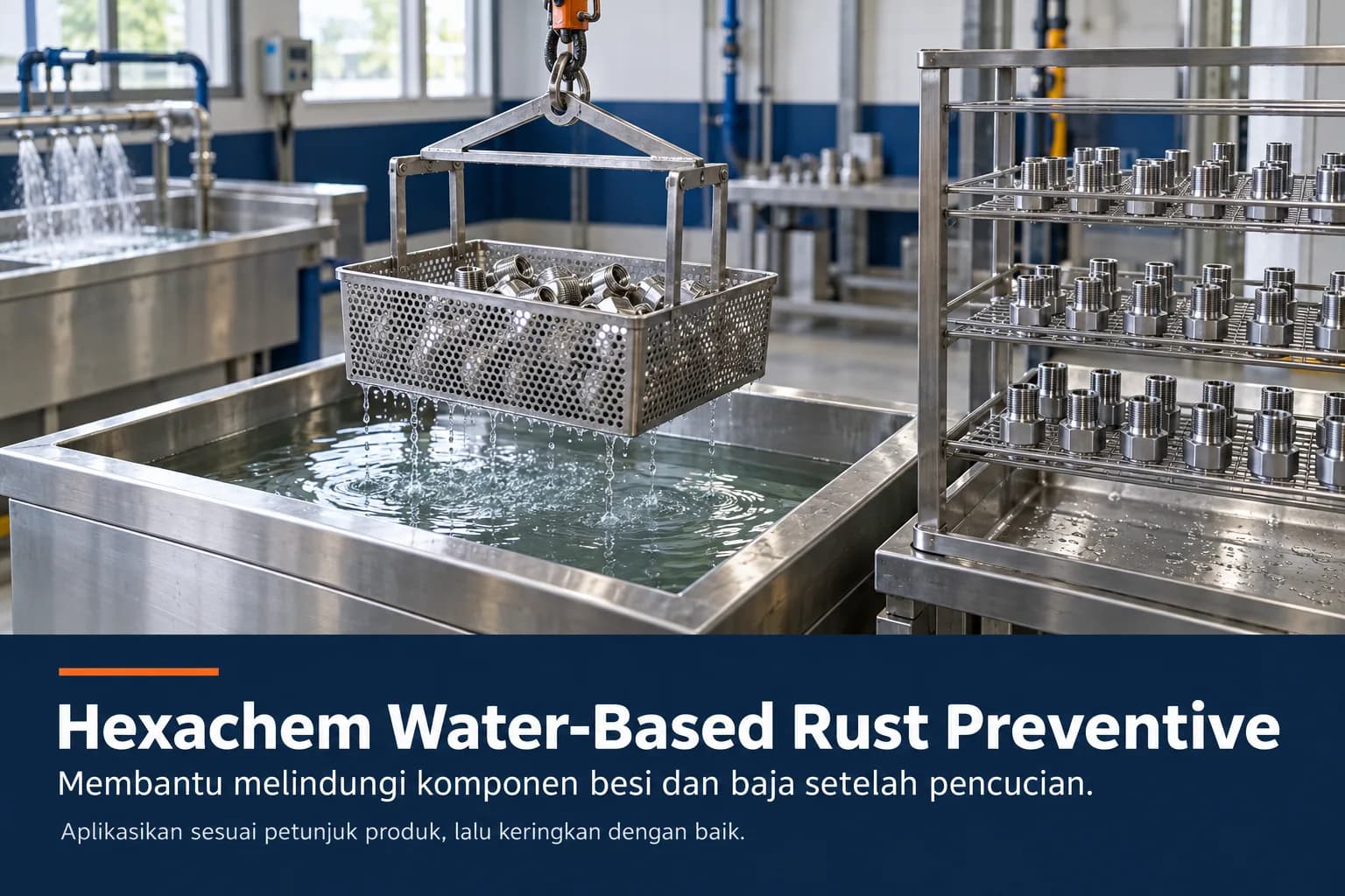 Hexachem Water-Based Rust Preventive, lapisan yang digunakan pada komponen besi setelah ultrasonic cleaning untuk melindungi dari karat cepat.